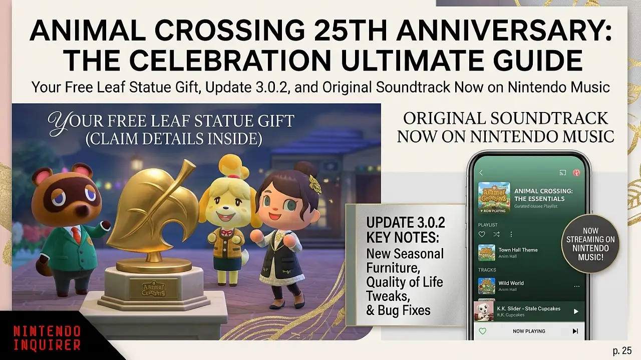 Animal Crossing 25th Anniversary: Free Leaf Statue Gift, Update 3.0.2, and Original Soundtrack Now on Nintendo Music