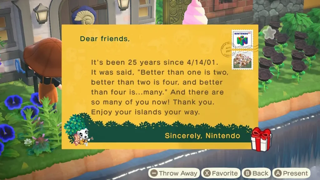 Animal Crossing New Horizons mailbox showing commemorative letter and Leaf Statue.