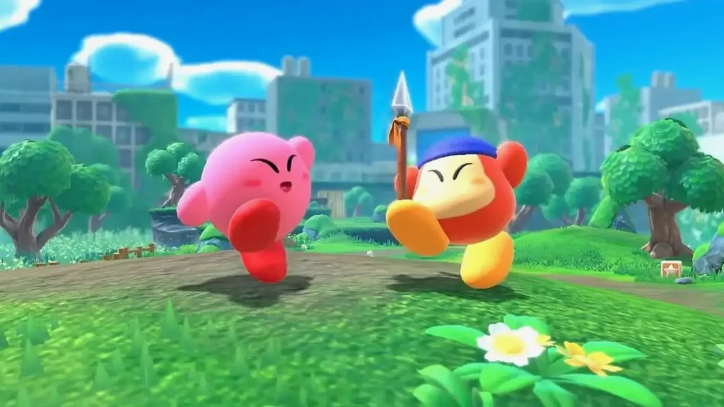 Kirby and Elfilin standing in Waddle Dee Town