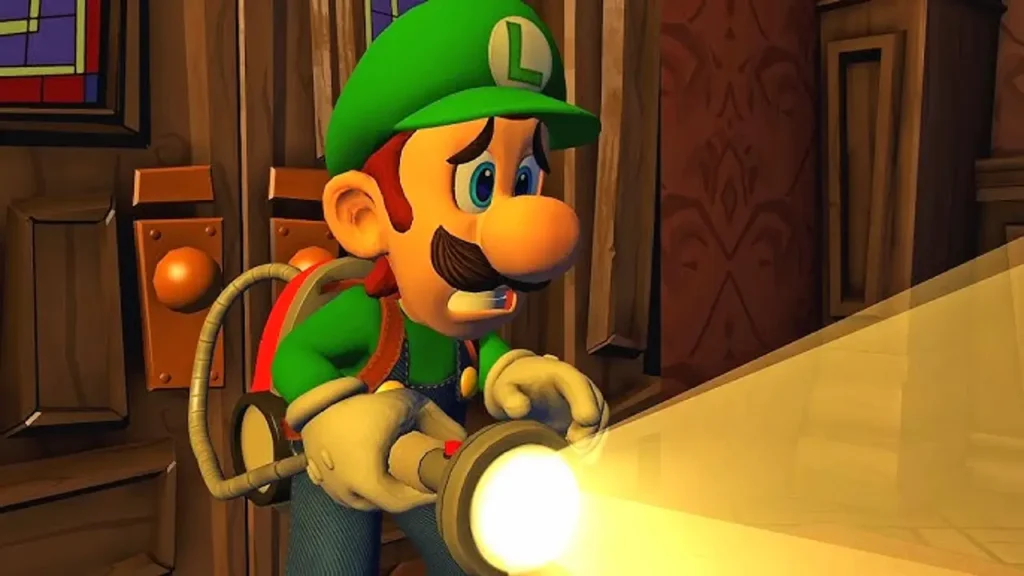 Luigi from Luigi's Mansion holding his Poltergust