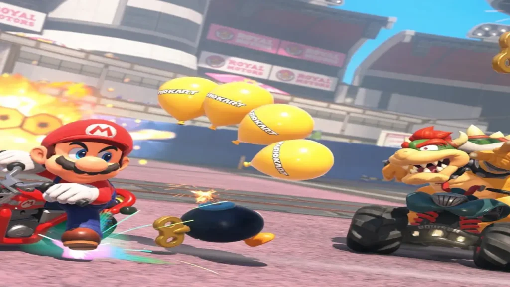 Mario Kart World Bob-omb Blast Battle Mode key art featuring Mario and Bowser