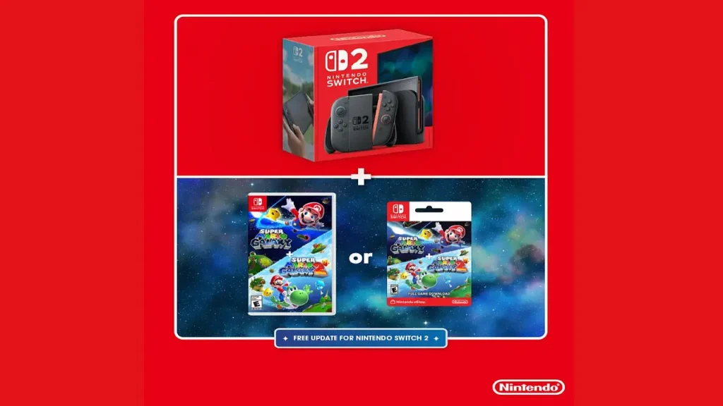Nintendo Switch 2 console box next to Super Mario Galaxy + Super Mario Galaxy 2 game