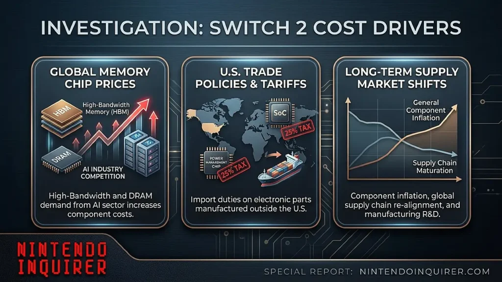 Infographic illustrating the three major cost factors driving the Nintendo Switch 2 price increase: AI memory chip demand, U.S. tariffs, and permanent structural cost shifts.